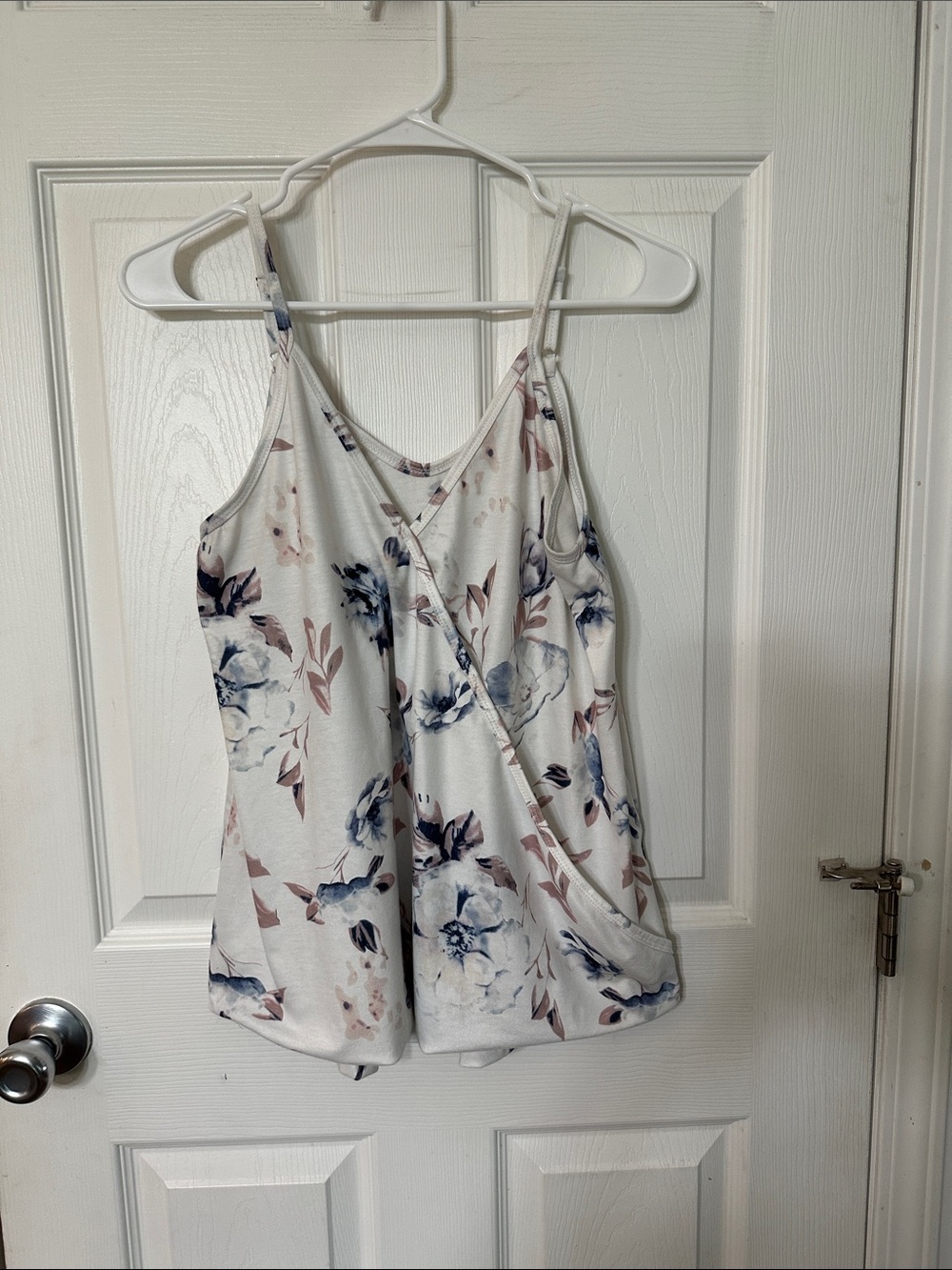 Floral Surplice Cami Tank Top - White with Blue & Pink Floral